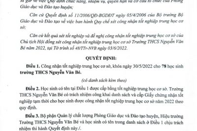 KẾT QUẢ XÉT CÔNG NHẬN TỐT NGHIỆP THCS TRƯỜNG THCS NGUYỄN VĂN BÉ NĂM HỌC 2021-2022